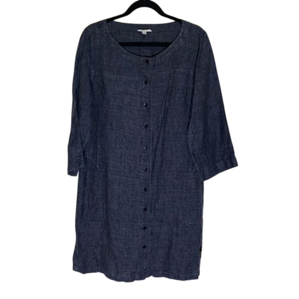 Eileen Fisher Button Down Dress Organic Linen Size M Dark Blue Pockets